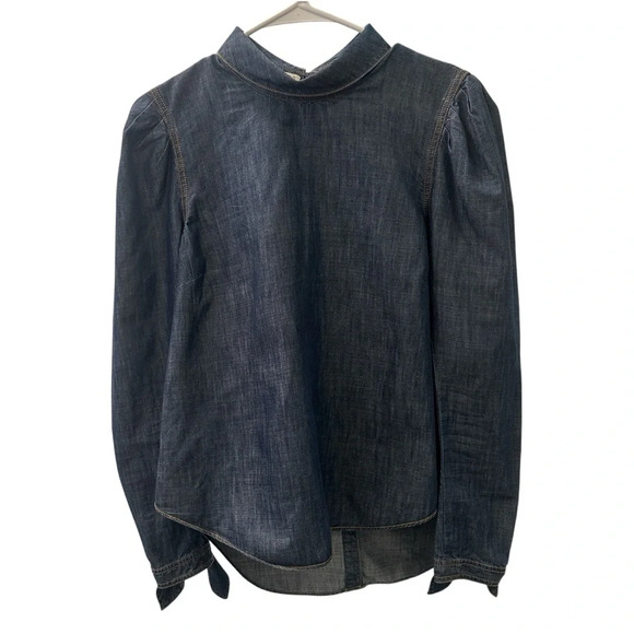 Veronica Beard Isabel Chambray Puff Sleeve Button Back Blouse Blue Women’s 10 - Picture 3 of 6
